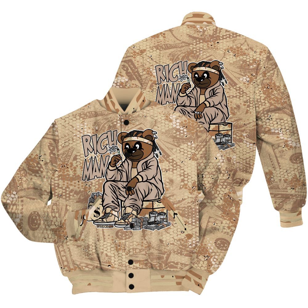 Varsity Jacket To Match Desert Camo 3s Shirt - Rich Man Bear Banknotes Art All Over Print