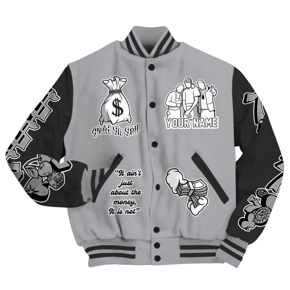 Varsity Jacket To Match Black Cement 3s - Paid In Full Baseball Varsity Jacket Custom Name All Over Print