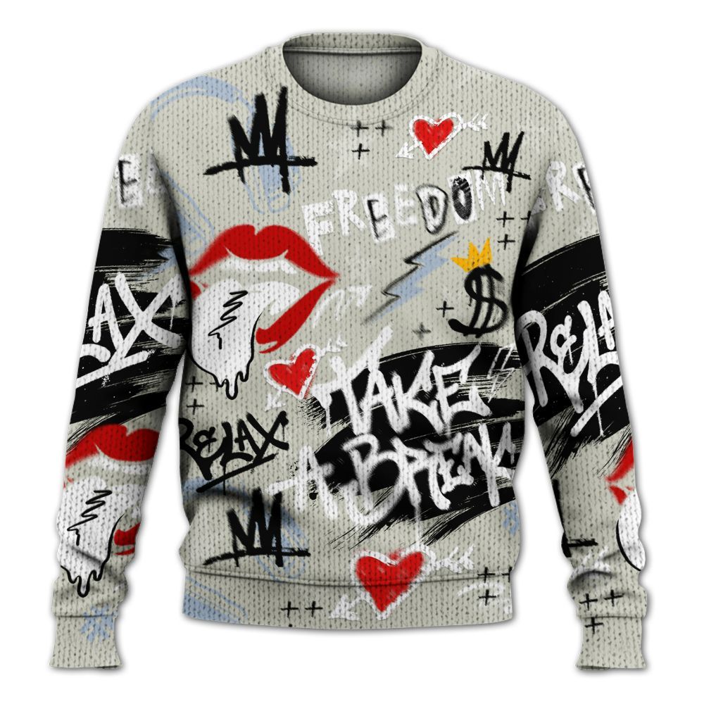 Knitted Sweater To Match Low OG Wolf Grey 1s - Take Break Freedom Graffiti Streetwear