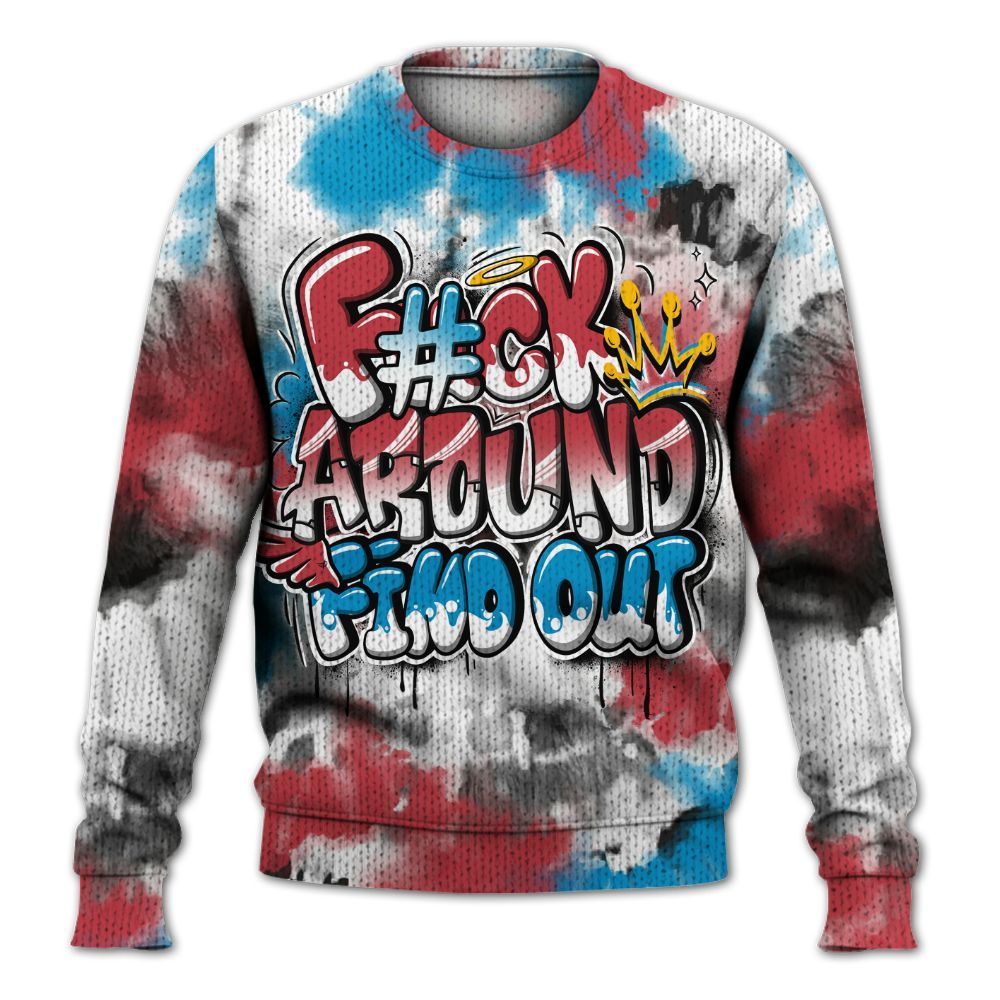 Knitted Sweater To Match High OG University Red Dark Powder Blue 1s - Tie Dye FK Around Find Out