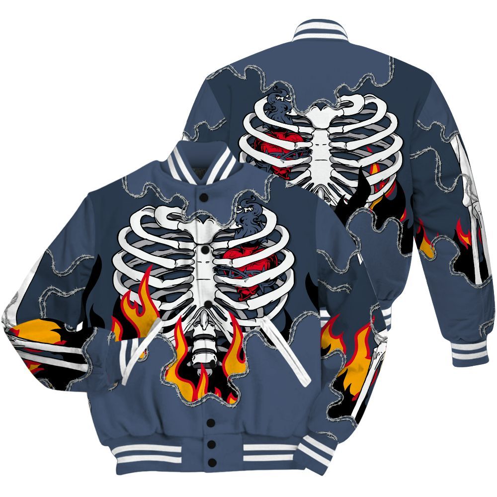 Varsity Jacket To Match Low Diffused Blue 11s Shirt, Skeleton Heart On Fire All Over Print