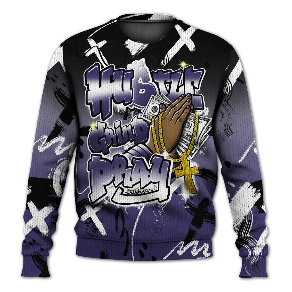Knitted Sweater To Match Retro Court Purple 13s - Money Hustle Grind Pray