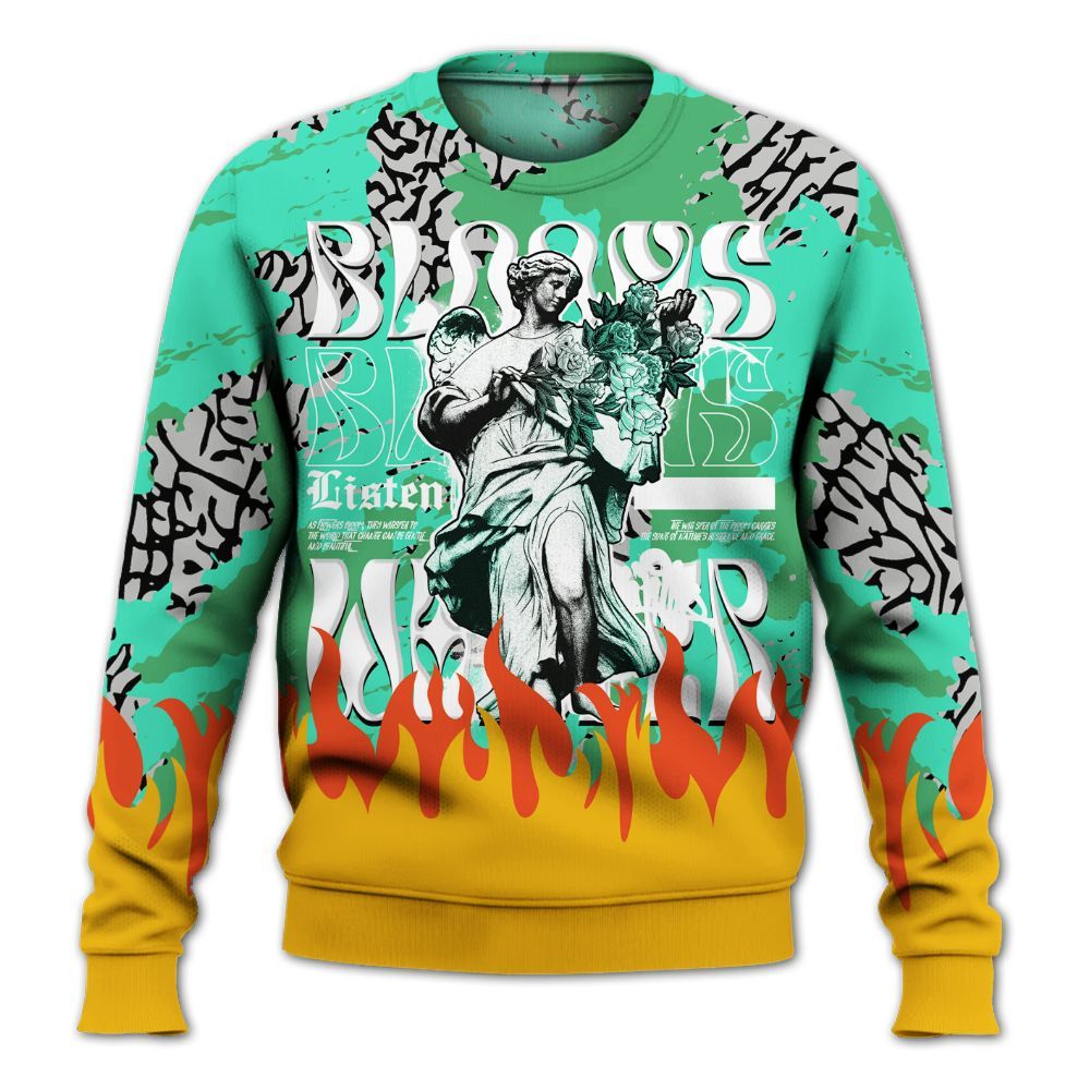 Sweatshirt To Match Black Green Glow 3s - Blooms Whisper Retro Green Glow 3s Outfit All Over Print