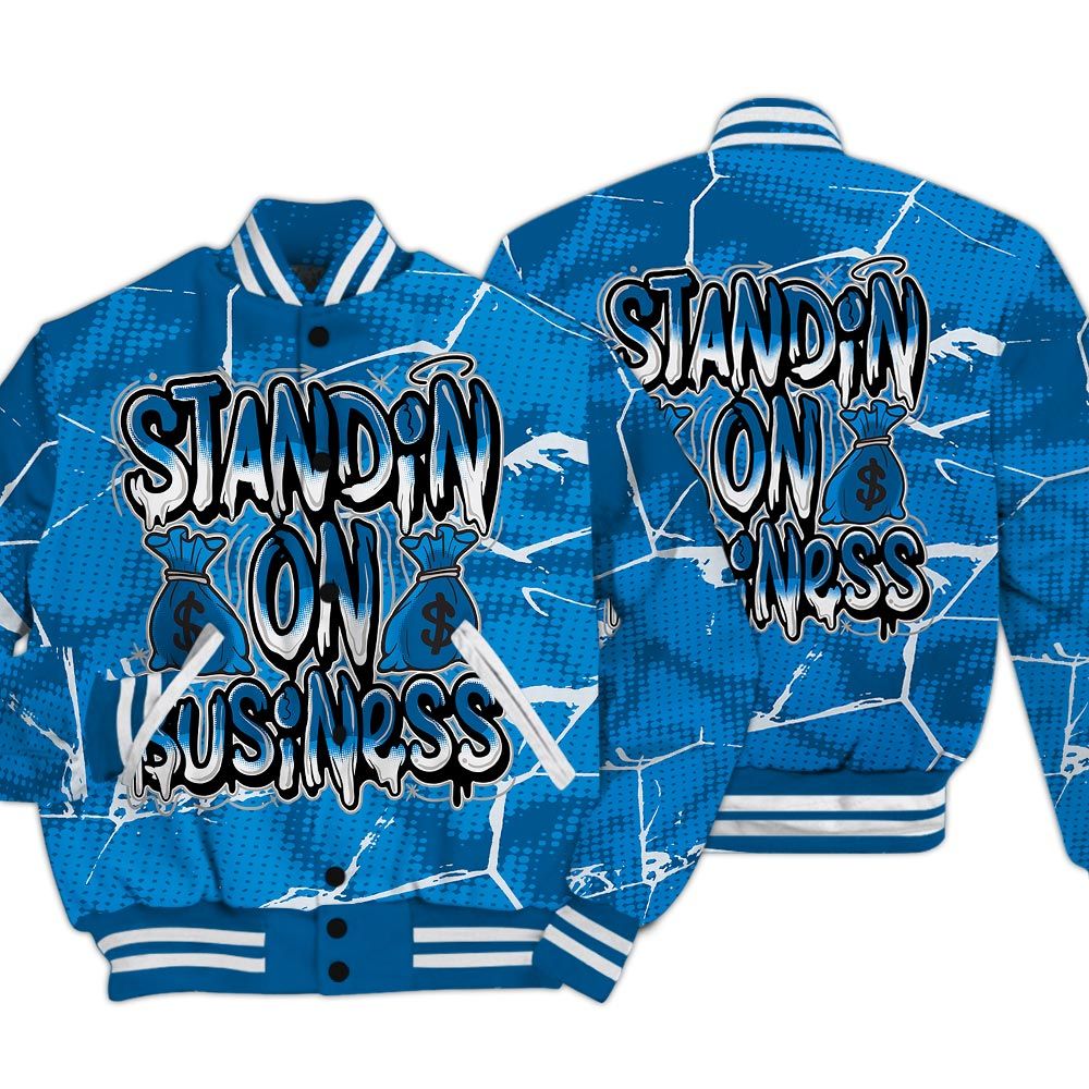 Varsity Jacket To Match Industrial Blue 4s - Standin' Business White Graphic Crack Varsity Jacket Unisex
