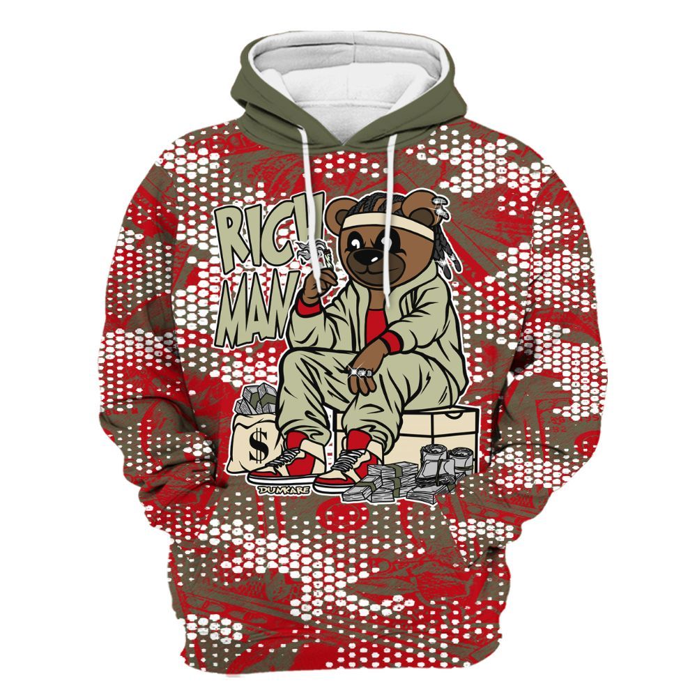 Hoodie To Match Low OG Medium Olive 1s - Rich Man Bear Banknotes Art All Over Print