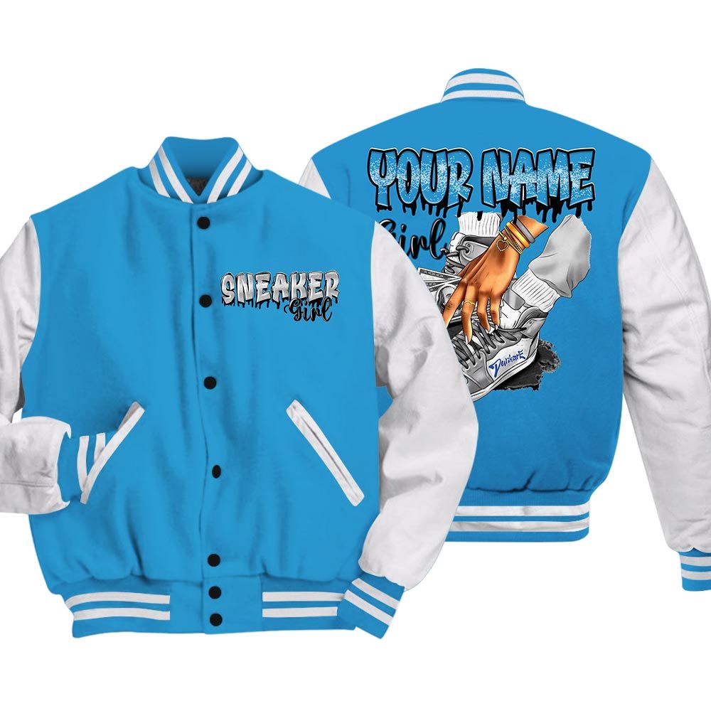 Varsity Jacket To Match Varsity Streetwear Custom Name Sneaker Girl Money, Powder Blue 9s T-Shirt, Sneaker Powder Blue 9s Baseball Varsity Jacket 1604 NCT