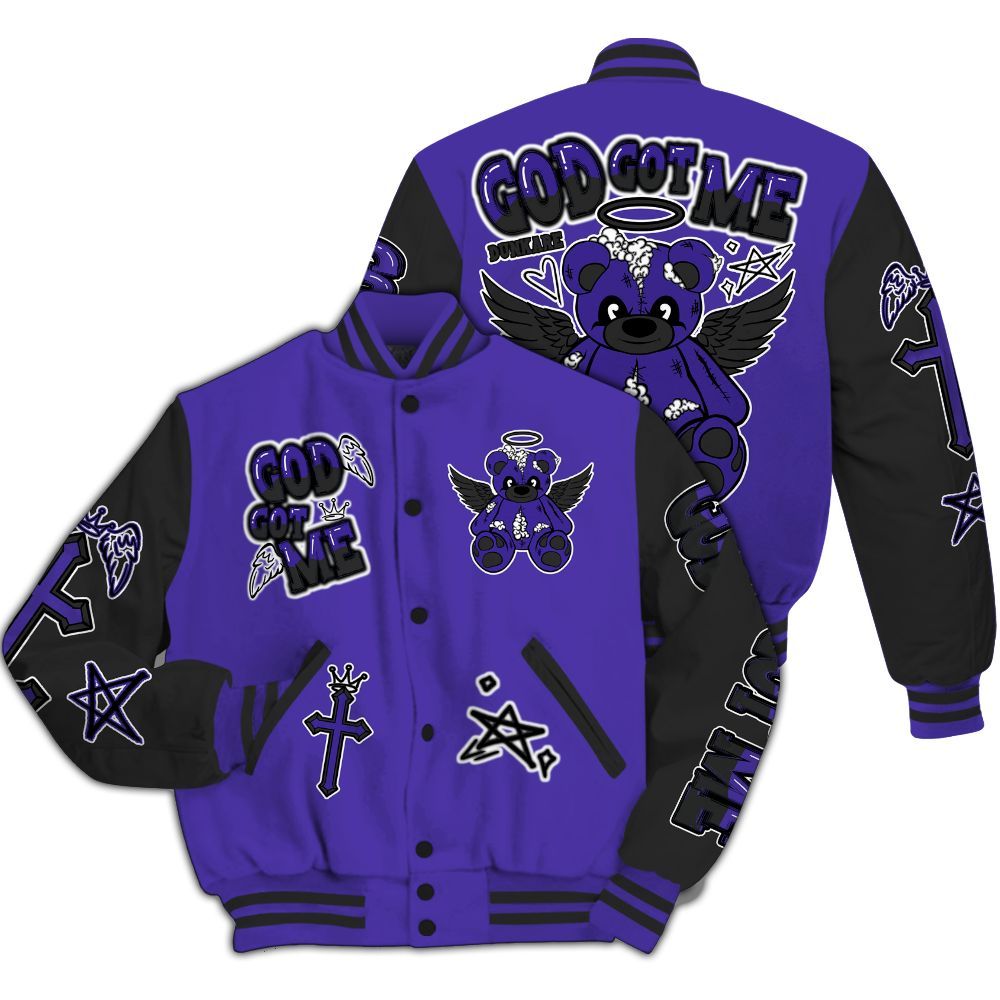 Varsity Jacket To Match Field Purple 12s - Gods Guides Me Bear All Over Print
