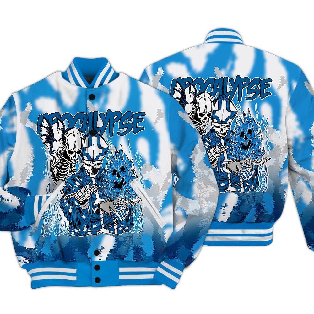Varsity Jacket To Match Industrial Blue 4s - Apocalypse Skeleton Burn Varsity Jacket Unisex