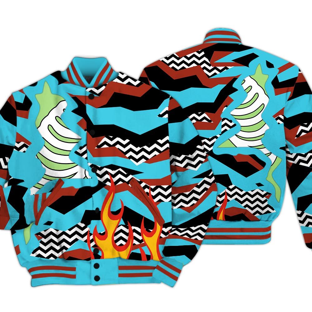 Varsity Jacket To Match SB Dunk Di'Orr Greenwood - Retro Geometric Camouflage Flame Baseball Varsity Jacket Outfit