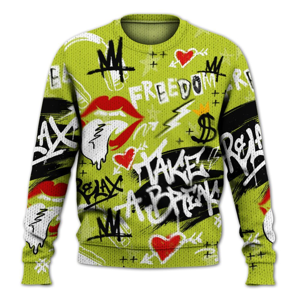Knitted Sweater To Match Bright Cactus 13s - Take Break Freedom Graffiti Streetwear