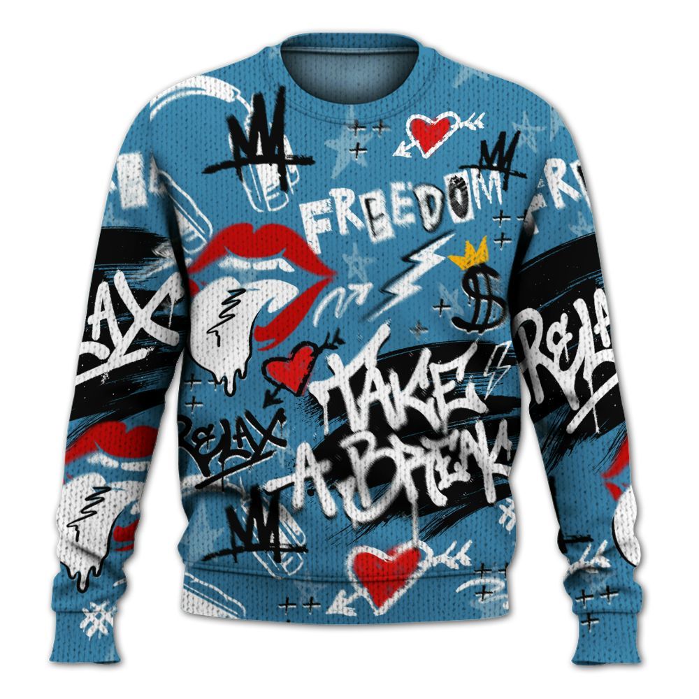 Knitted Sweater To Match High OG UNC Reimagined 1s - Take Break Freedom Graffiti Streetwear