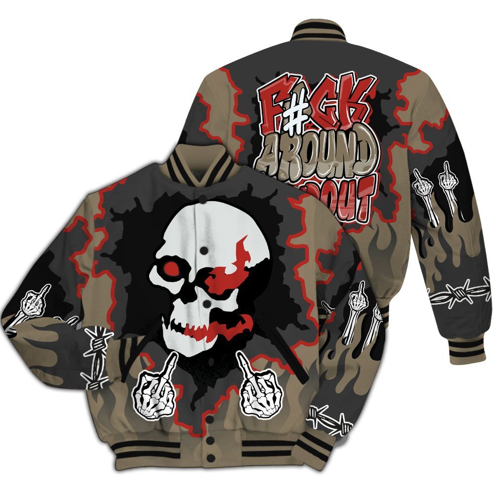 Varsity Jacket To Match Olive 9s - F Around Find Out Graphic Trapped All Over Print