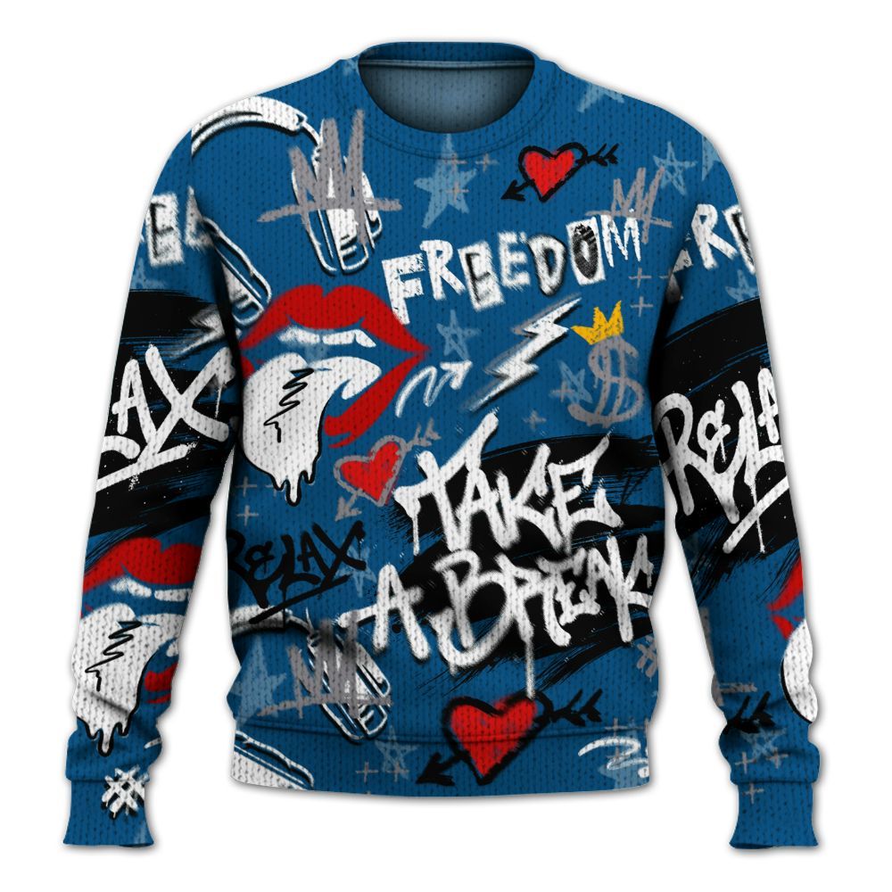 Knitted Sweater To Match High OG True Blue 1s - Take Break Freedom Graffiti Streetwear