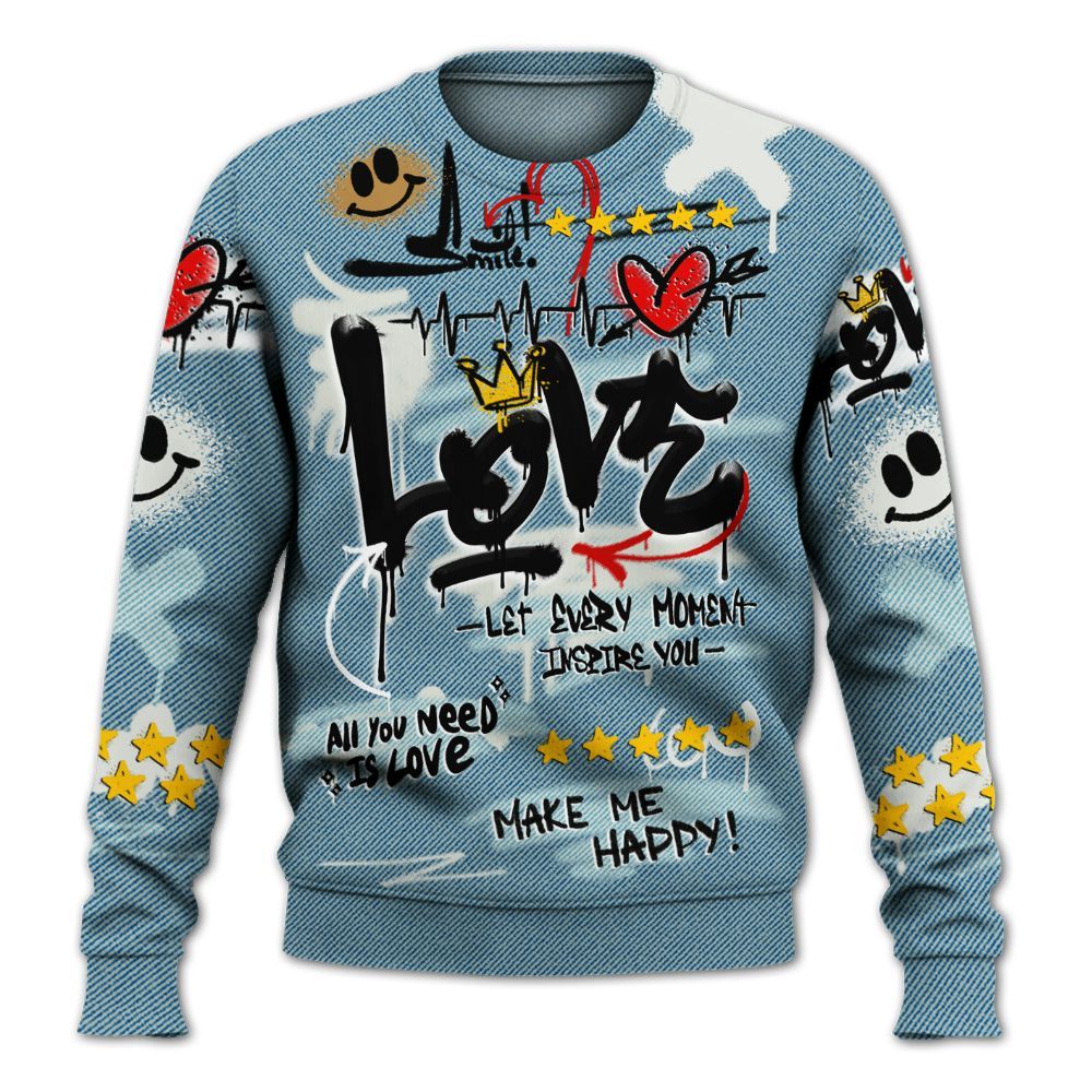 Sweatshirt To Match Denim Worn Blue 2025 4s - Happy Love Beats Graffiti Streetwear All Over Print