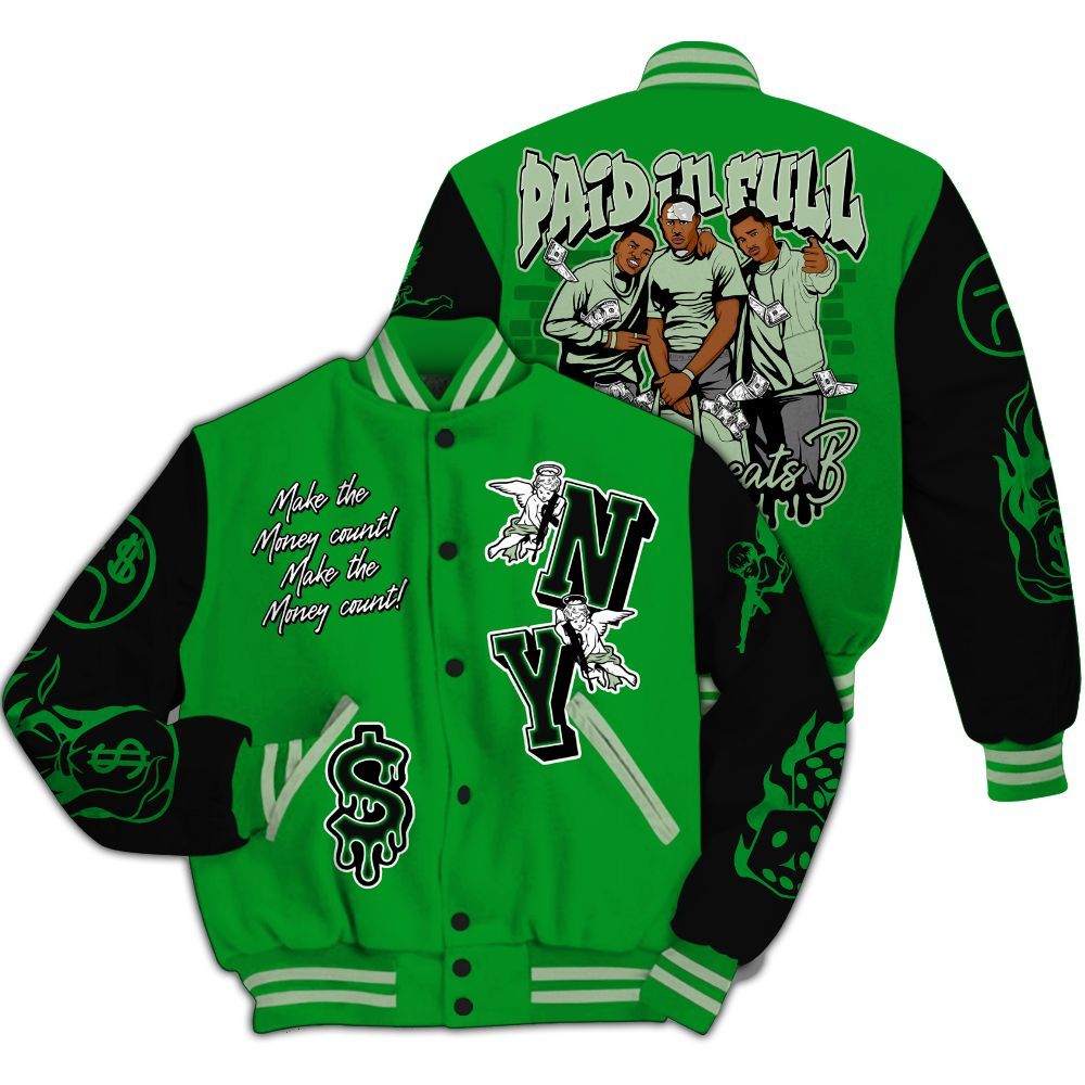 Varsity Jacket To Match Green Spark CJ1 T-Rex - Paid In Full Money Graphic Varsity Jacket All Over Print