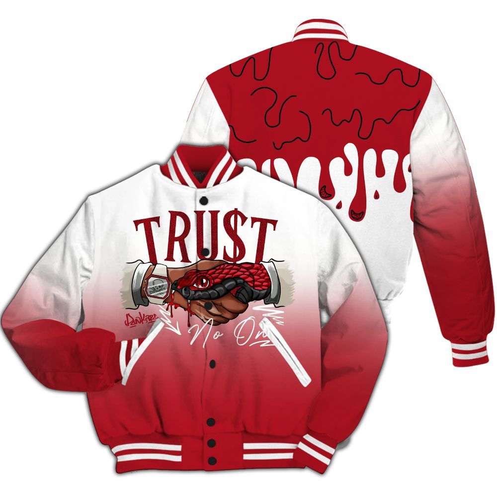 Varsity Jacket To Match Mid Red Cracked Leather 1s - Trust No One Drip All Over Print