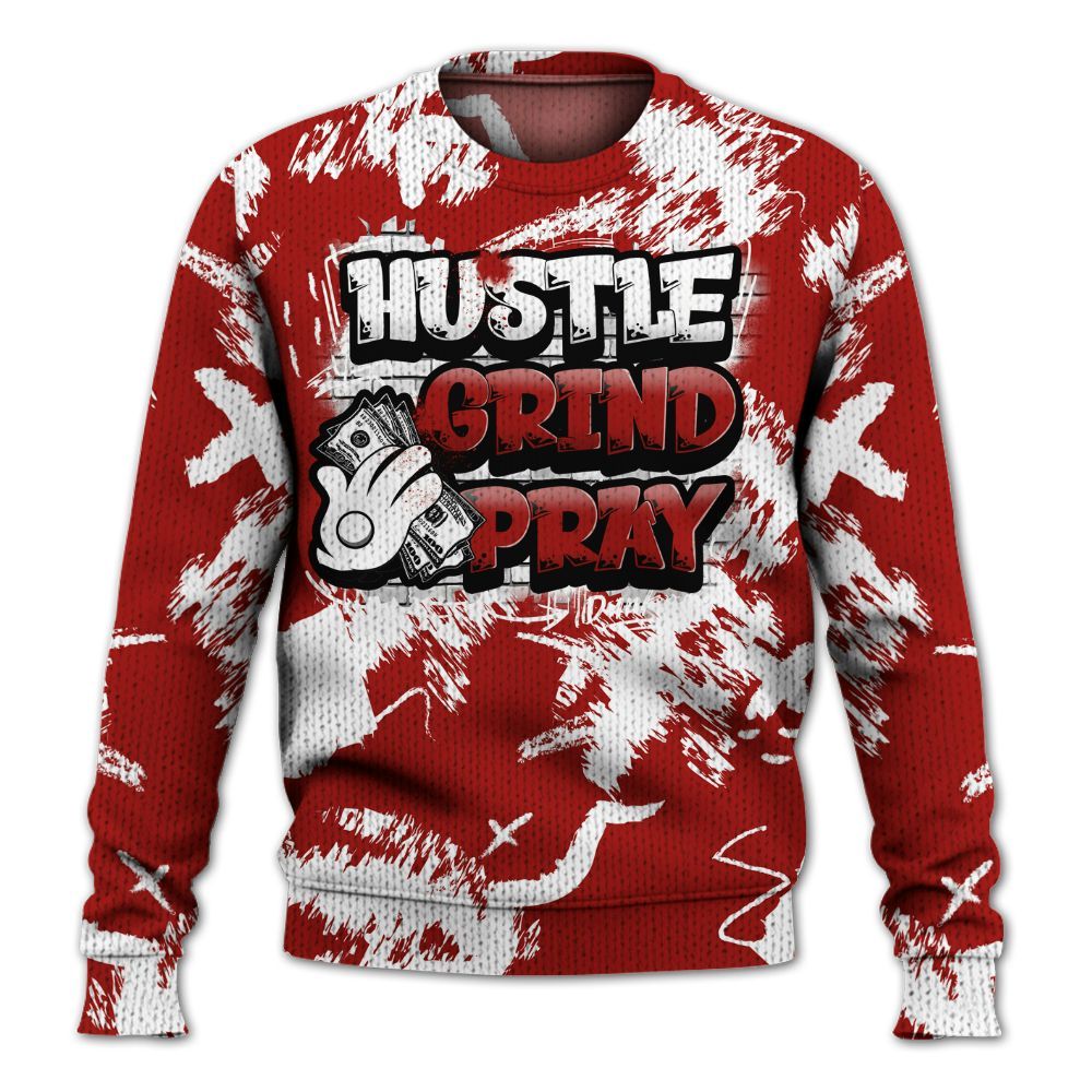 Knitted Sweater To Match High OG Varsity Red 1s - Hustle Grind Pray Retro