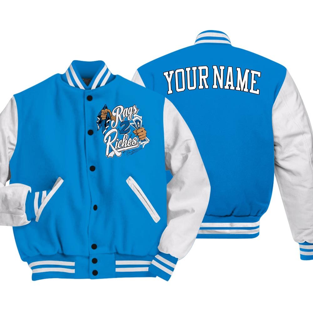 Varsity Jacket To Match Varsity Streetwear Custom Name Rag 2 Riches, Military Blue 4s T-Shirt, Sneaker Military Blue 4s Baseball Varsity Jacket 1604 NCT