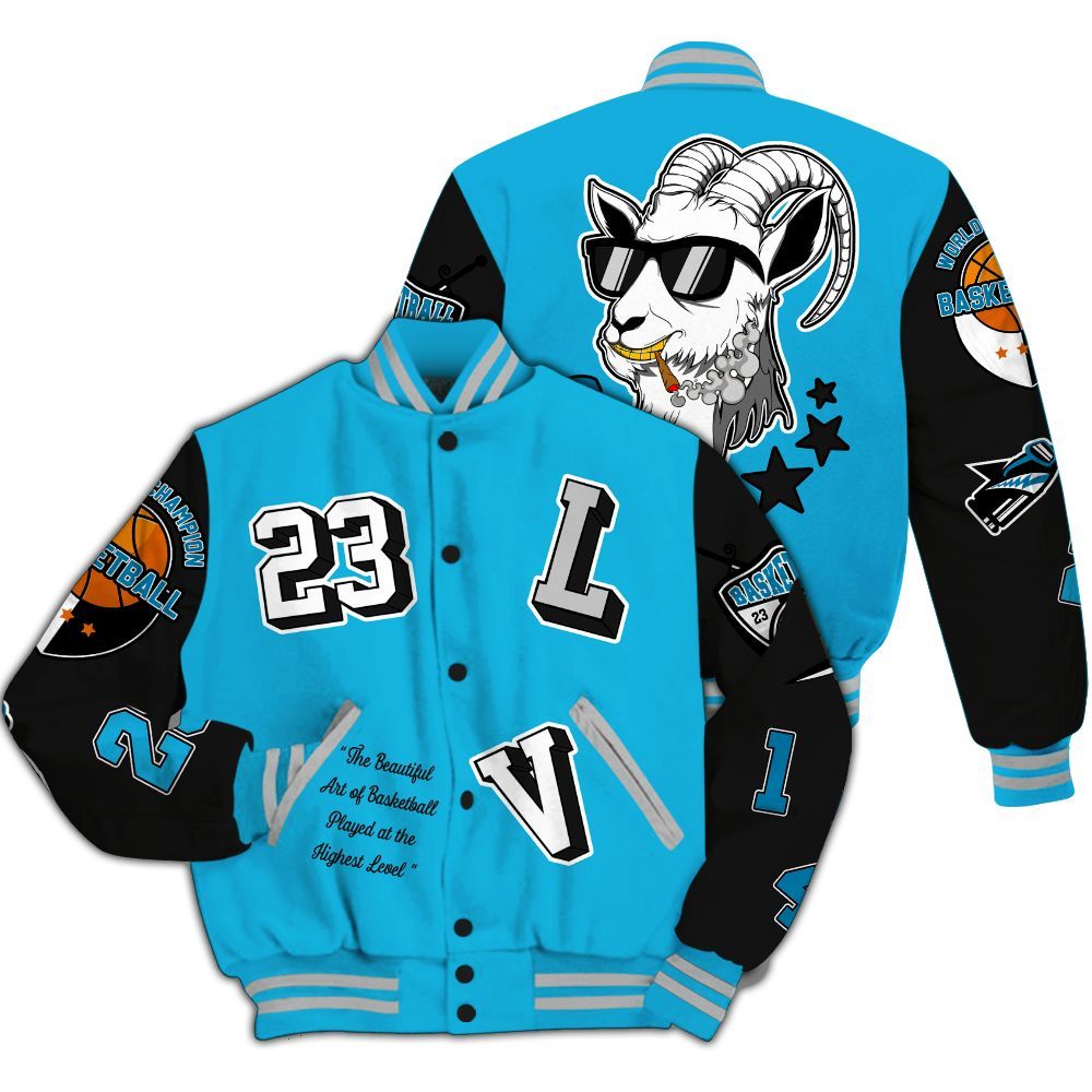 Varsity Jacket To Match Black University Blue 2026 14s - The GOAT Got Em All Over Print