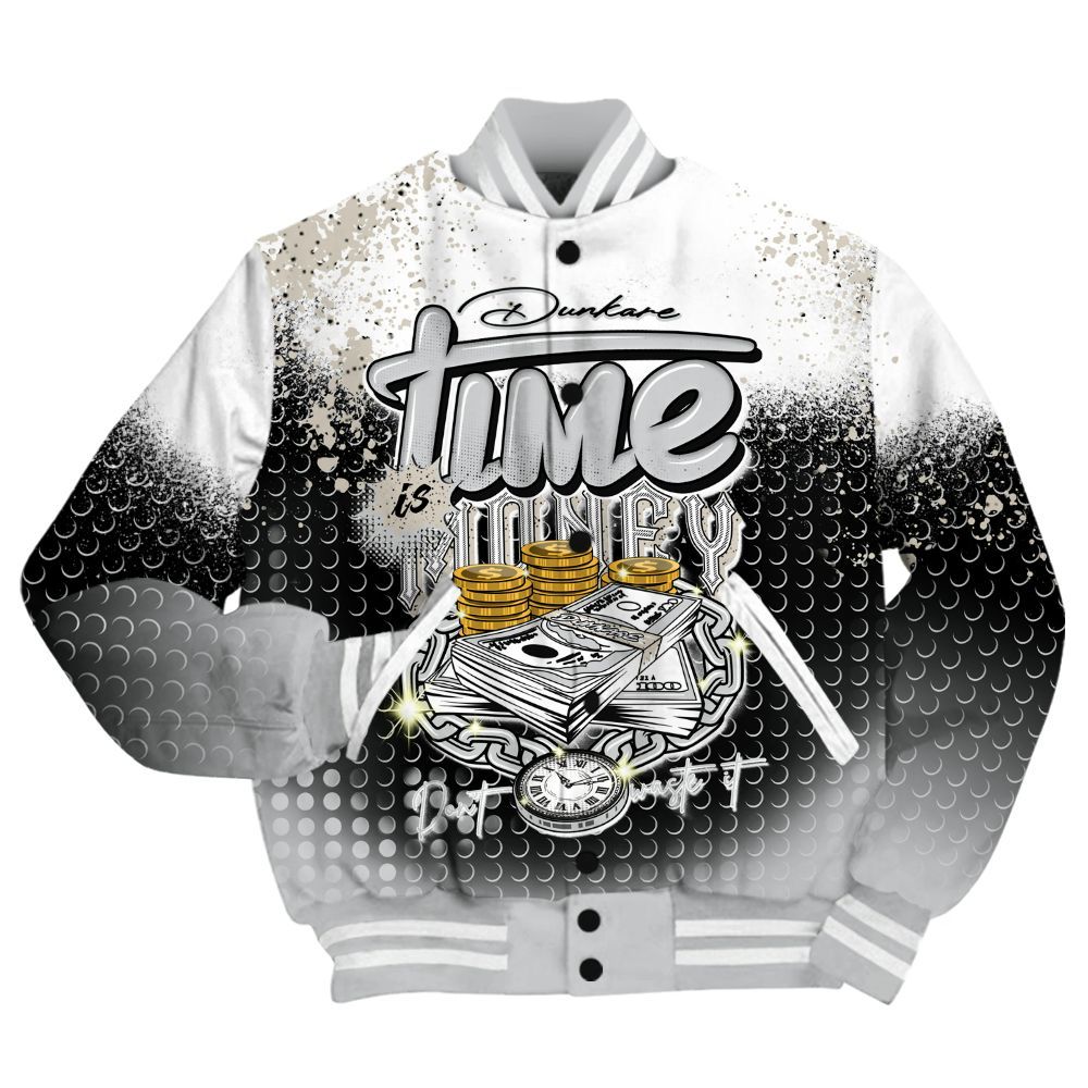 Varsity Jacket To Match Metallic Silver 2024 5s Shirt, Halftone Time Is Money All Over Print
