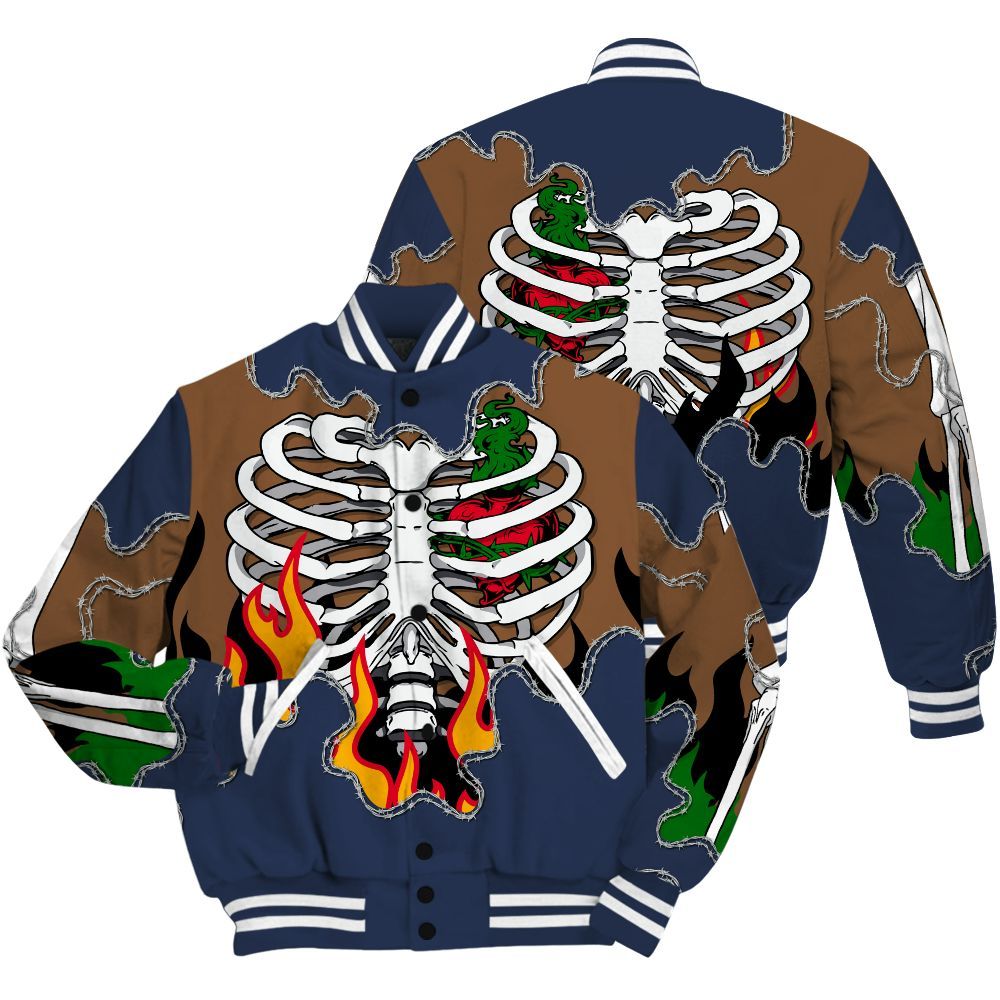 Varsity Jacket To Match Midnight Navy 13s Shirt, Skeleton Heart On Fire All Over Print