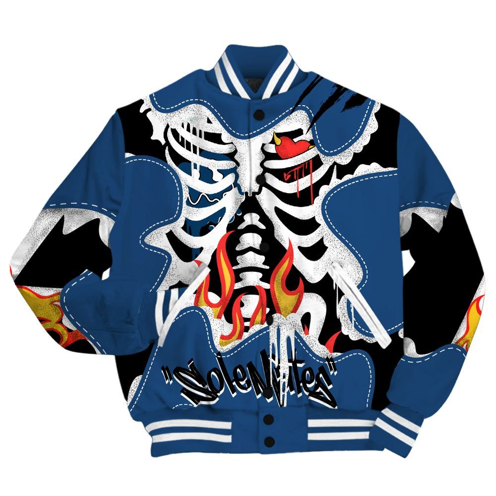 Varsity Jacket To Match High OG Midnight Navy 1s - Skeleton Burning Heart Drip All Over Print