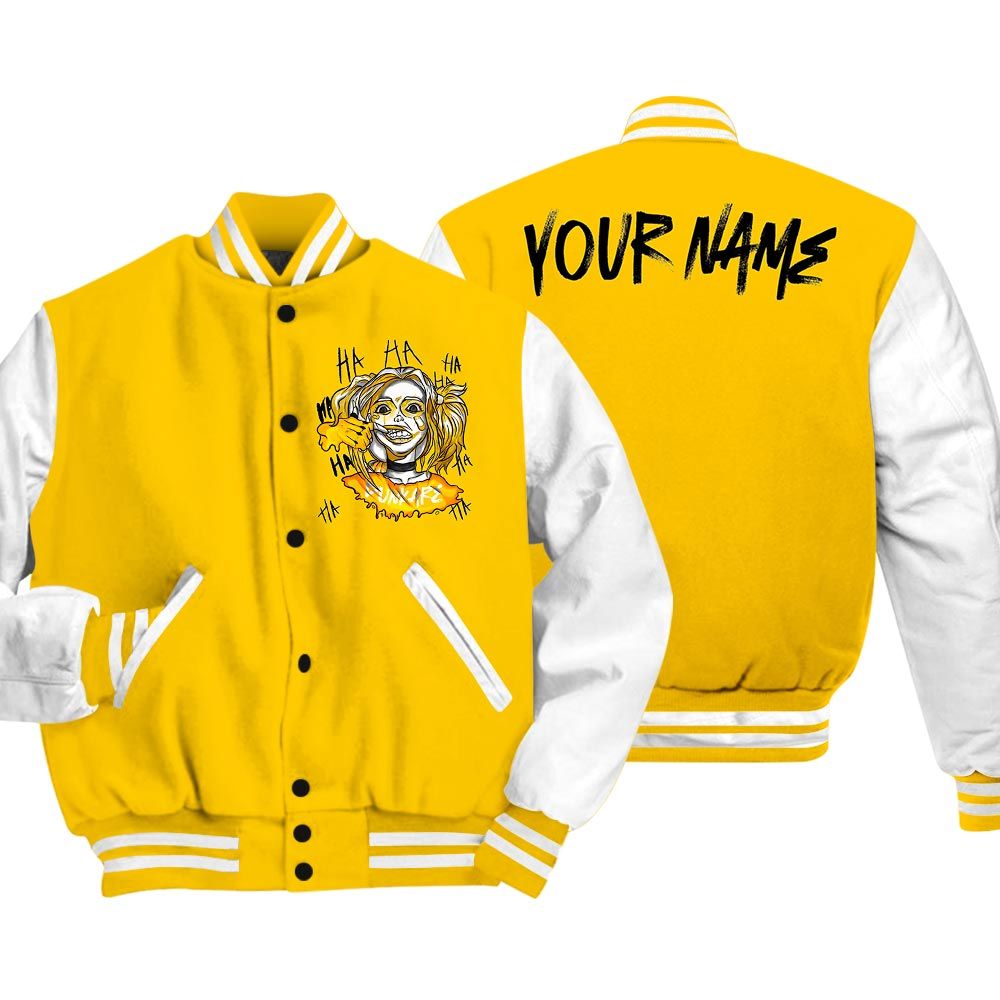 Varsity Jacket To Match Varsity Streetwear Custom Name Bad Girl HAHA, Vivid Sulfur 4s T-Shirt, Sneaker Vivid Sulfur 4s Baseball Varsity Jacket 1604 NCT