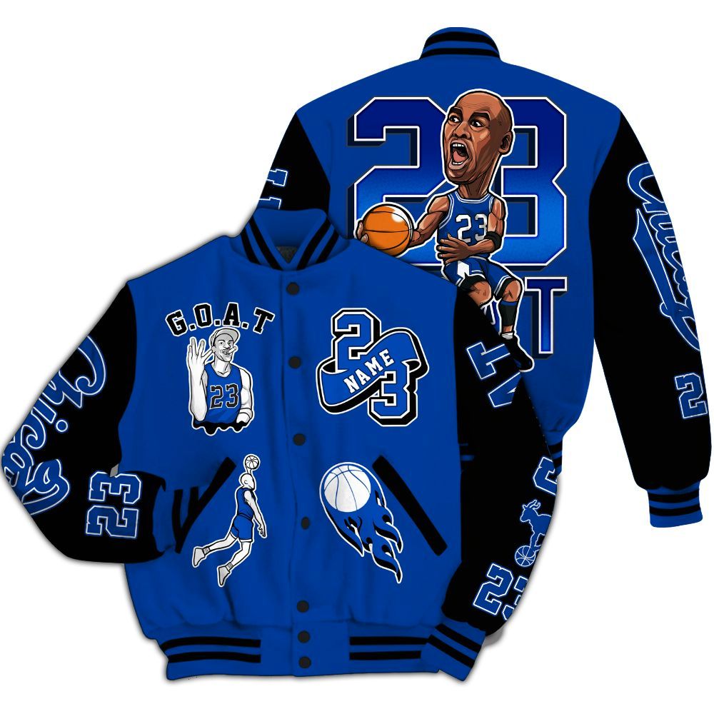 Varsity Jacket To Match Hyper Royal 12s - Legend GOAT Basketball Varsity Jacket Graphic Custom Name All Over Print