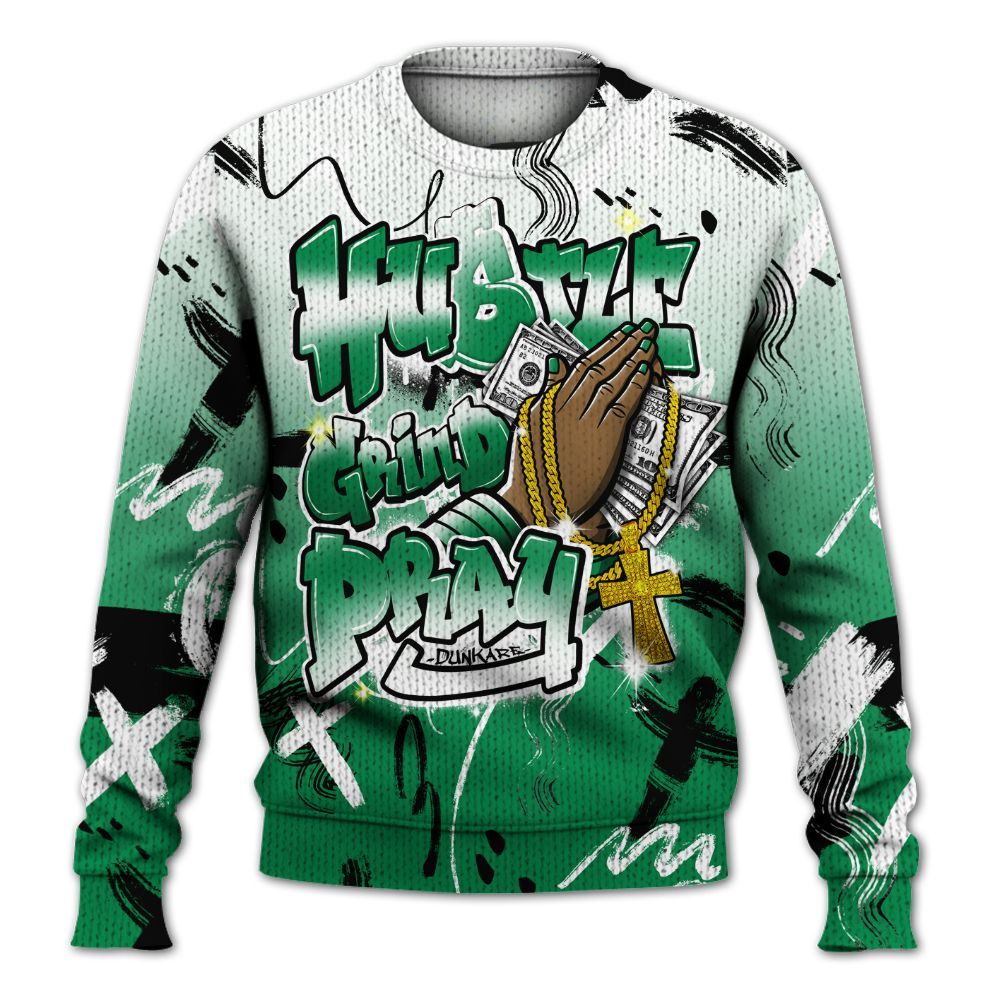 Knitted Sweater To Match Mid Lucky Green 1s - Money Hustle Grind Pray