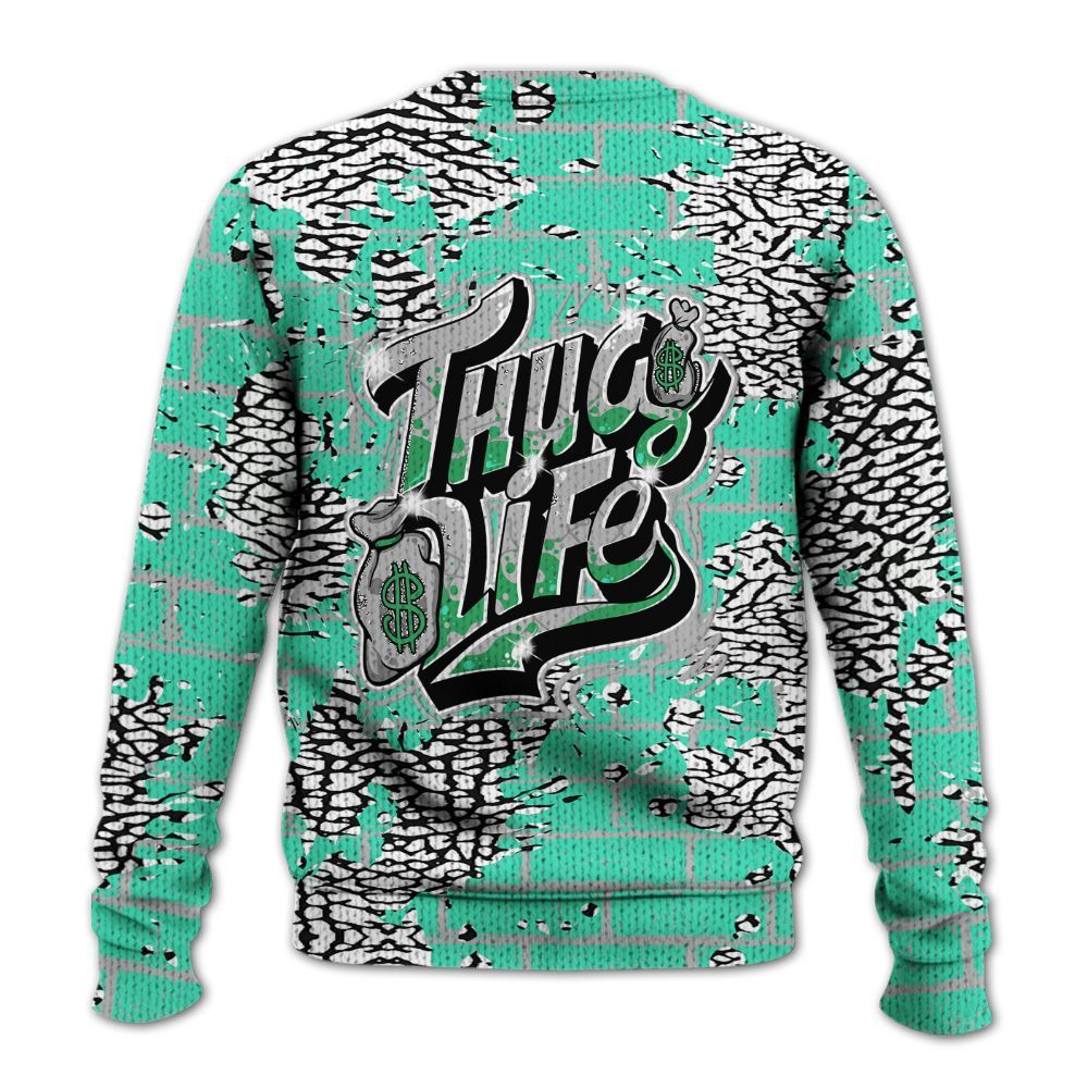 Knitted Sweater To Match Black Green Glow 3s - Free Thug Living Graphic Brick Art