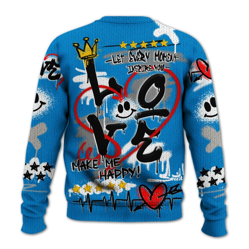 Knitted Sweater To Match Industrial Blue 4s - Happy Love Beats Graffiti Streetwear