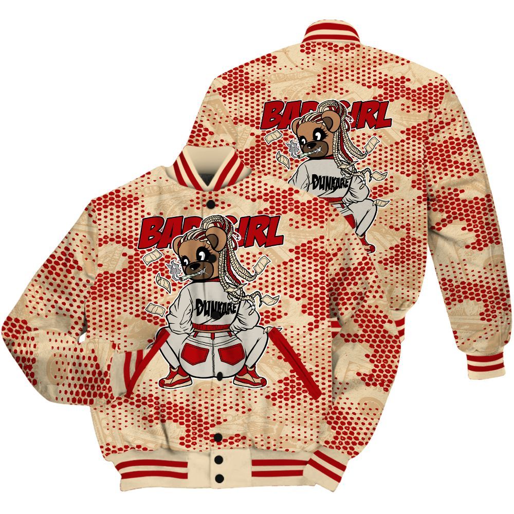Varsity Jacket To Match Dunk Low Strawberry Waffle Shirt - Rebellious Girl Bear Banknotes Art All Over Print