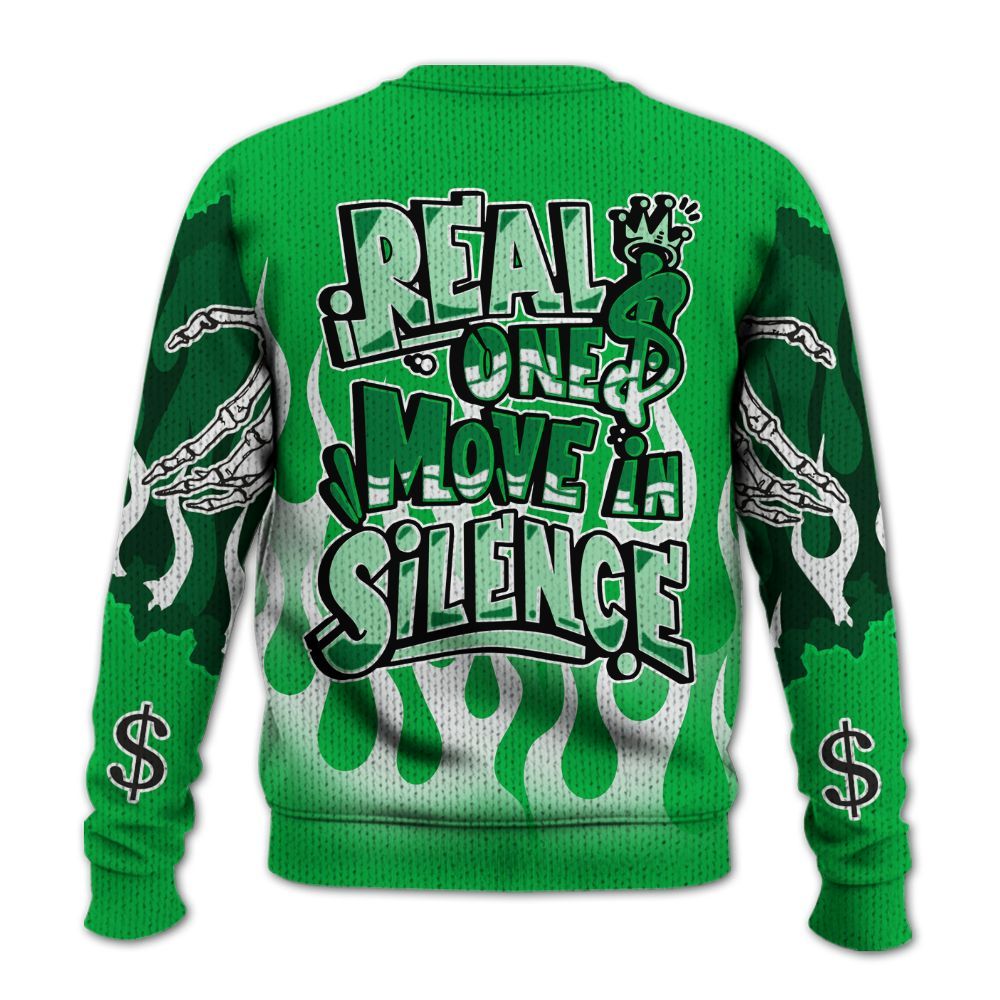 Knitted Sweater To Match Lucky Green 5s Varsity Jacket - Ones Move In Silence Graphic Trapped
