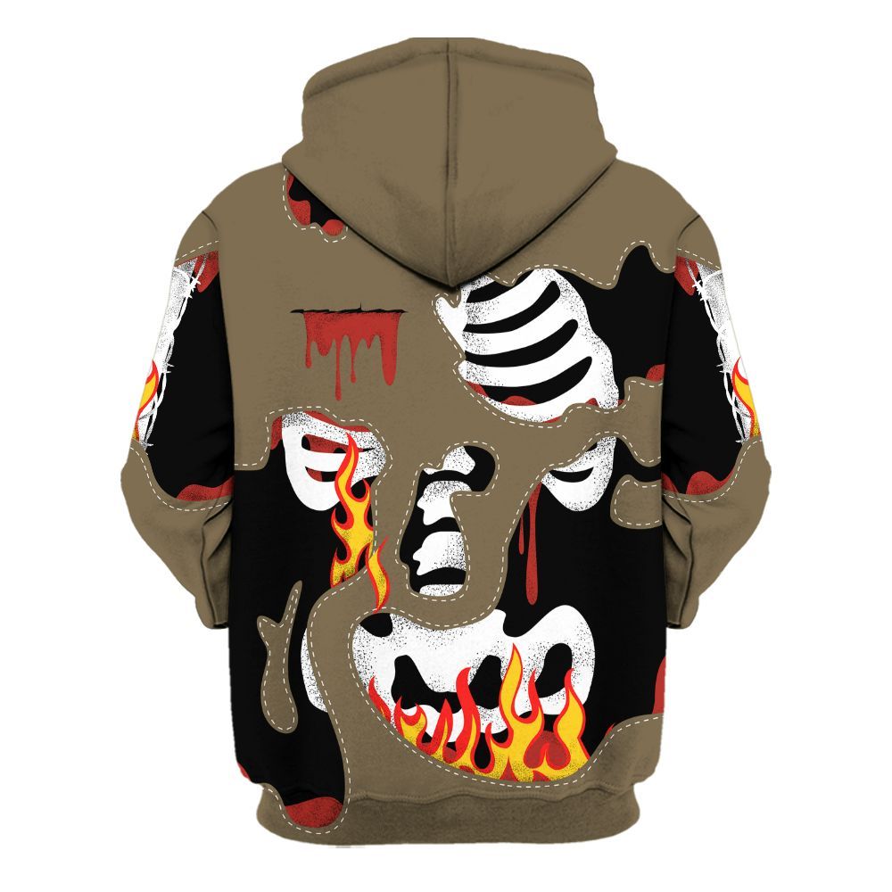 Hoodie To Match Olive 9s - Skeleton Smile Flame Drip All Over Print