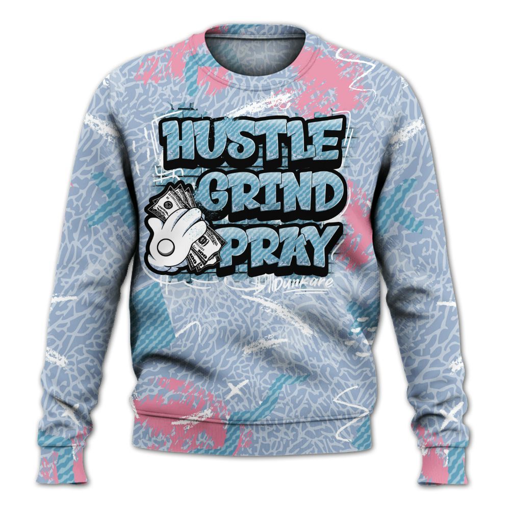 Sweatshirt To Match Denim Pink Glow 3s - Hustle Grind Pray All Over Print