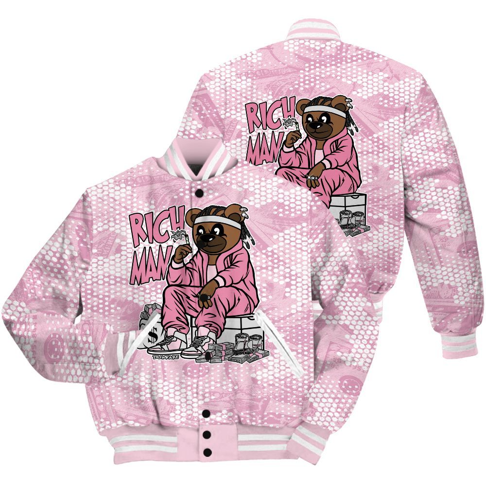 Varsity Jacket To Match Orchid 4s Shirt - Rich Man Bear Banknotes Art All Over Print