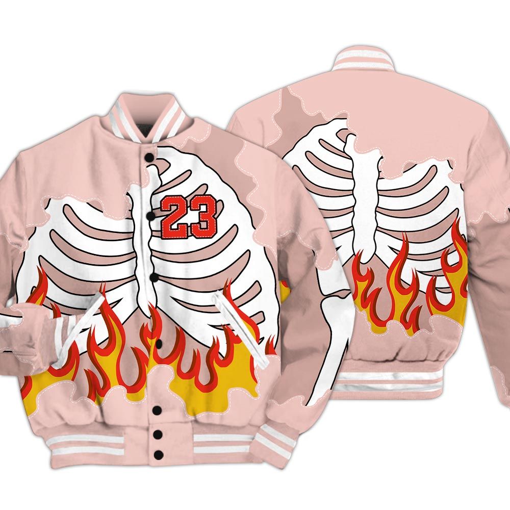 Varsity Jacket To Match Low Legend Pink 11s - Number 23 Skeleton Flame Baseball Varsity Jacket