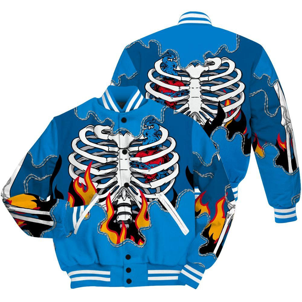 Varsity Jacket To Match Industrial Blue 4s Shirt, Skeleton Heart On Fire Military Blue 4s All Over Print