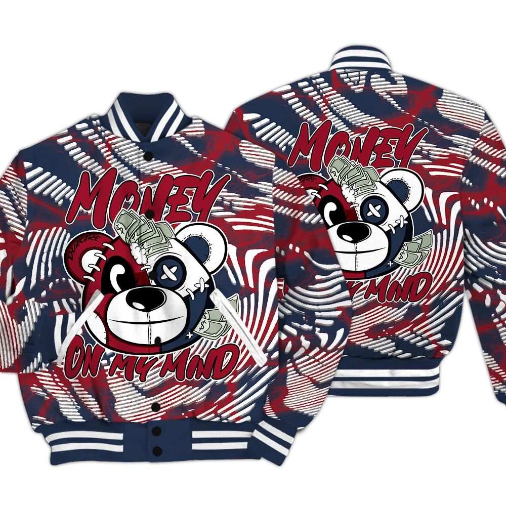 Varsity Jacket To Match Navy Blue 2024 6s - Money On My Mind Bear Fume Varsity Jacket Unisex