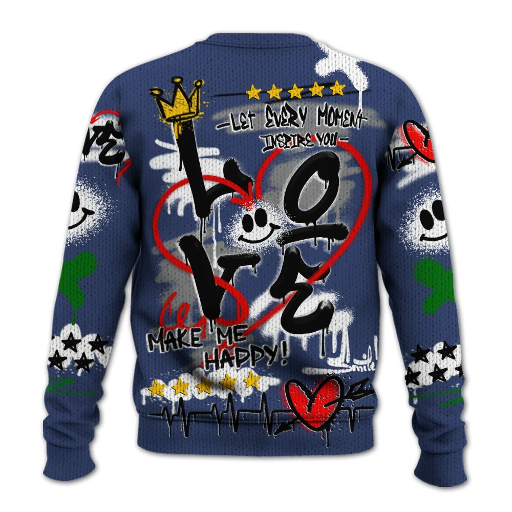 Knitted Sweater To Match Midnight Navy 13s - Happy Love Beats Graffiti Streetwear