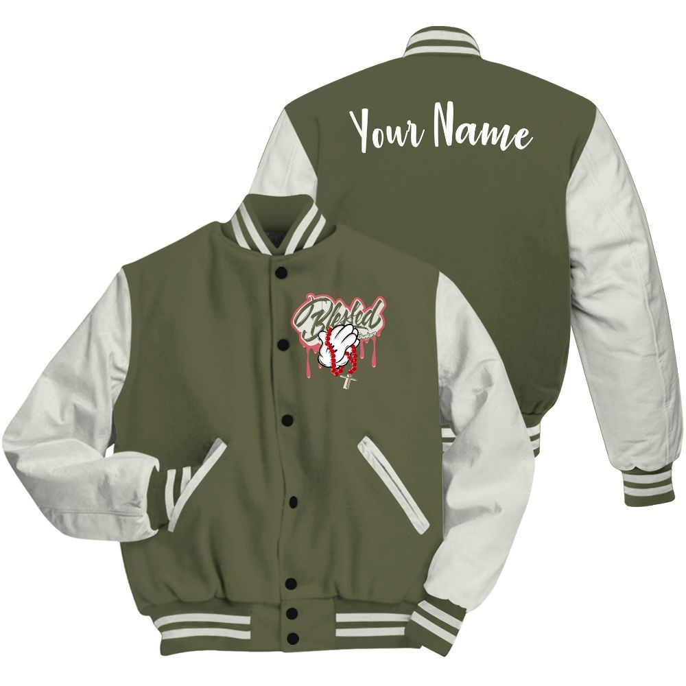 Varsity Jacket To Match Low OG Medium Olive 1s - Custom Name God Blessed Drip All Over Print