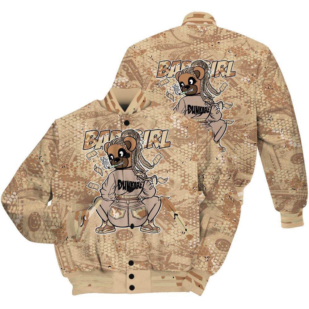 Varsity Jacket To Match Desert Camo 3s Shirt - Rebellious Girl Bear Banknotes Art All Over Print
