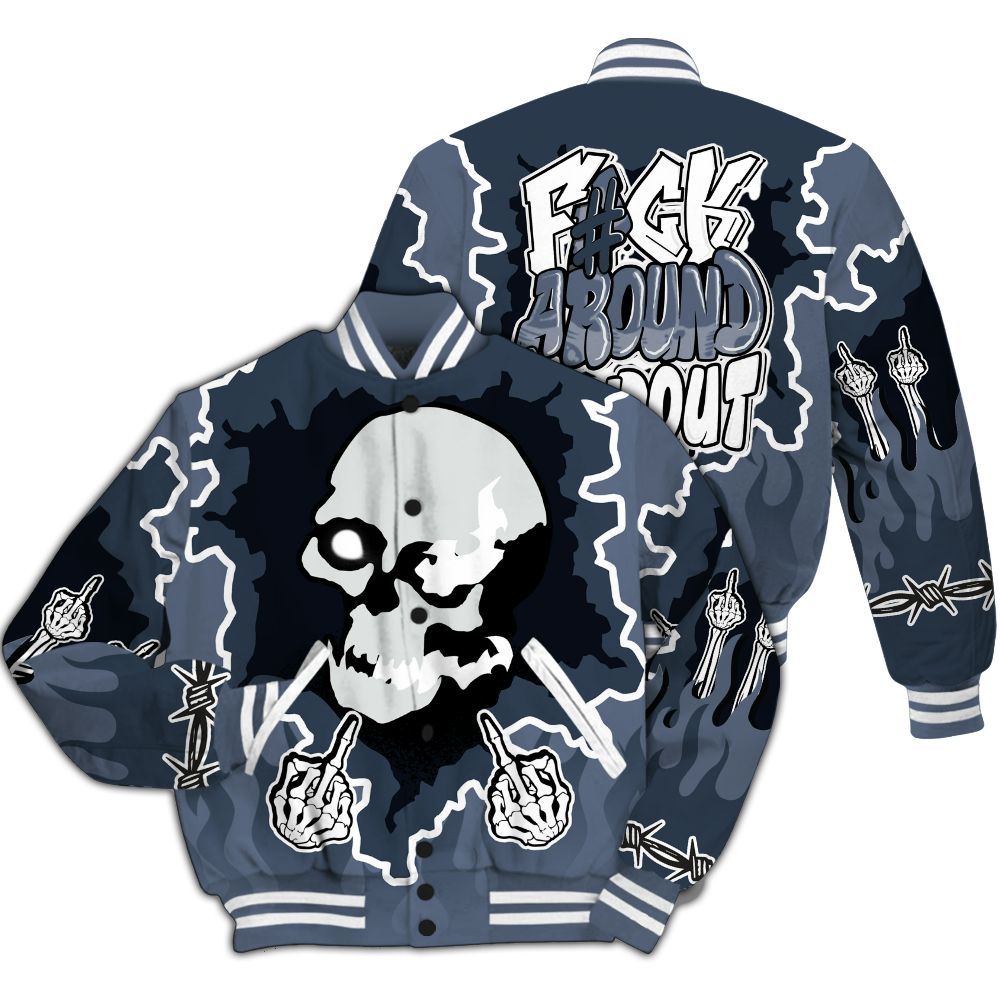 Varsity Jacket To Match Low Diffused Blue 11s - F Around Find Out Graphic Trapped All Over Print
