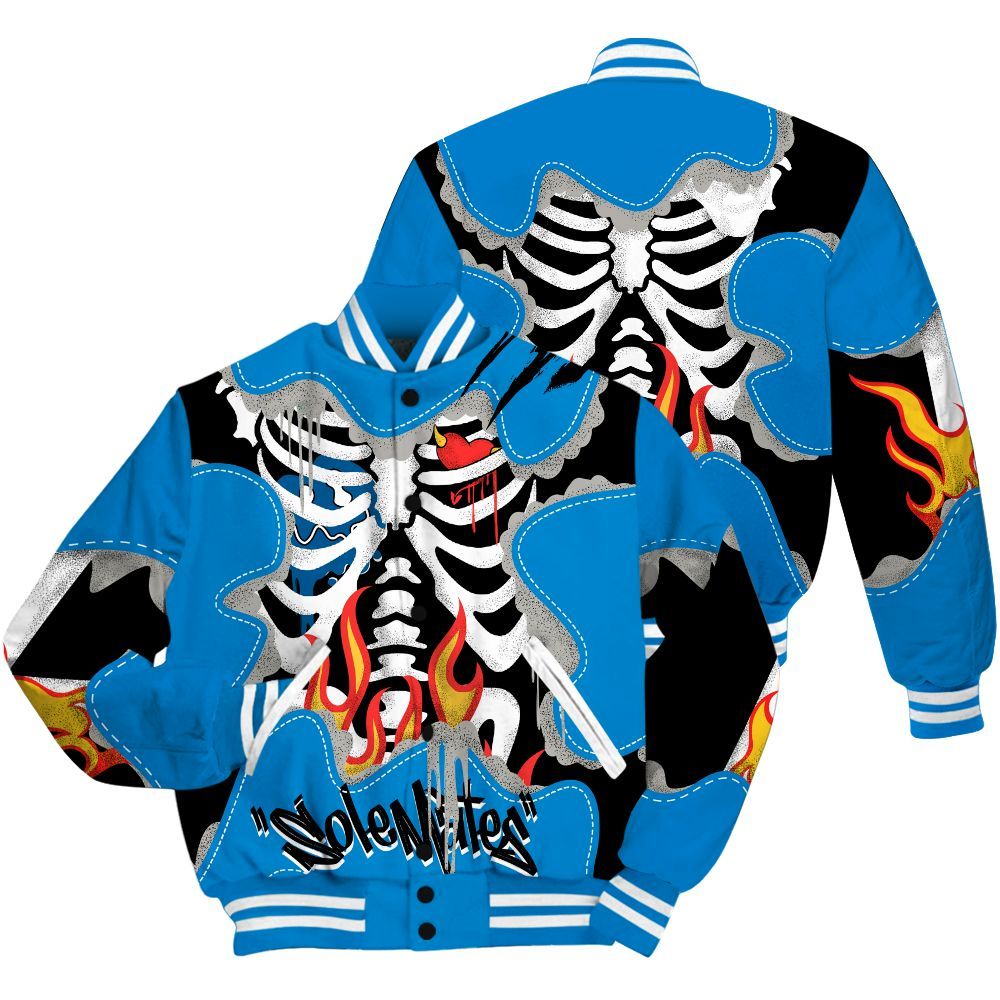 Varsity Jacket To Match Industrial Blue 4s - Skeleton Burning Heart Drip Military Blue 4s All Over Print