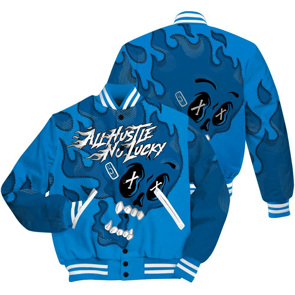 Varsity Jacket To Match Industrial Blue 4s Shirt, All Hustle No Lucky Skull Military Blue 4s All Over Print