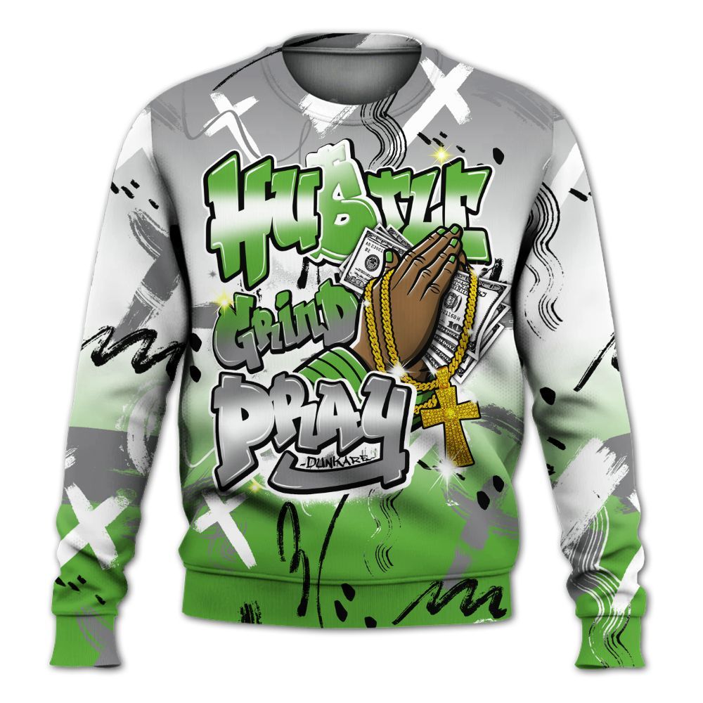 Sweatshirt To Match Retro Green Bean 5s - Money Hustle Grind Pray All Over Print