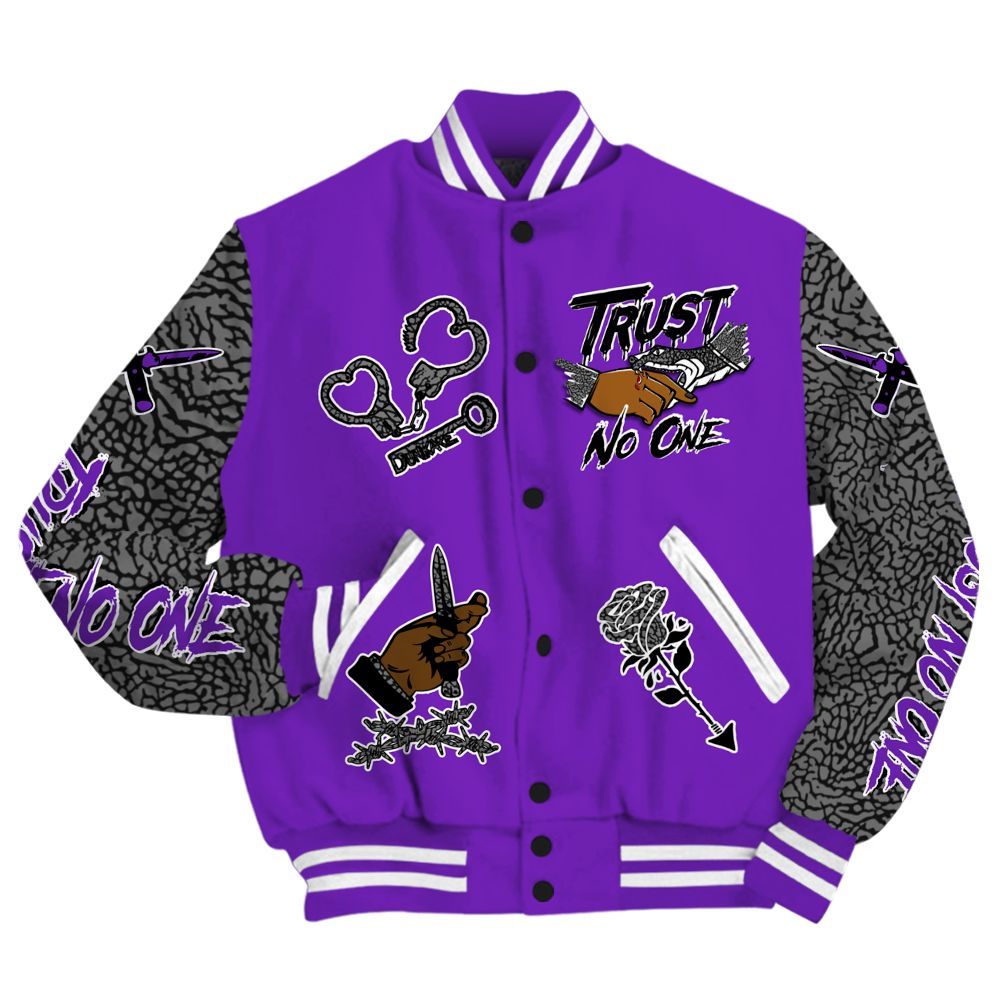 Varsity Jacket To Match Retro Dark Iris 3s - Trust No One Dripping All Over Print
