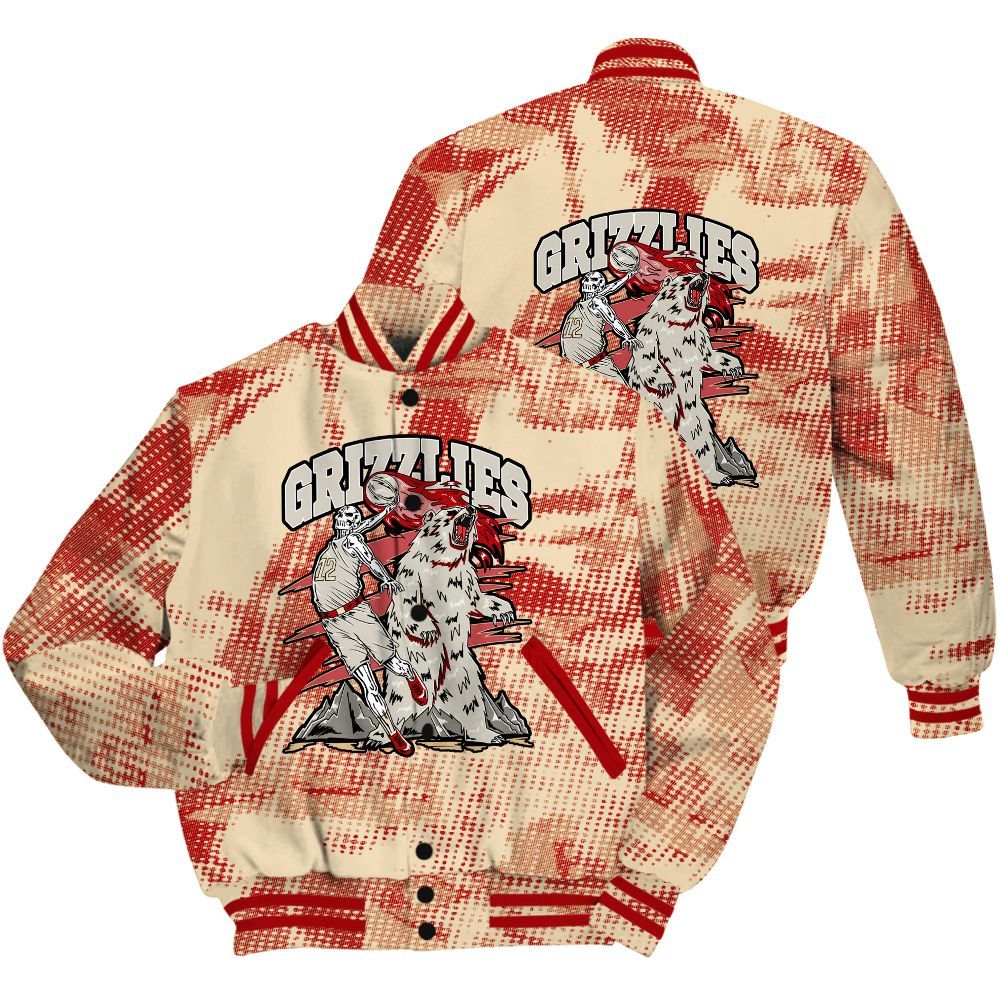 Varsity Jacket To Match Dunk Low Strawberry Waffle Shirt - Grizzly Bear Skeleton Brown Sugar All Over Print
