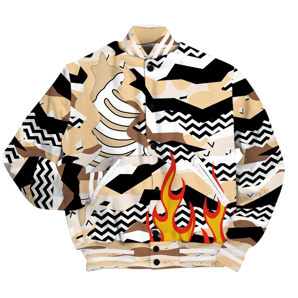 Varsity Jacket To Match Desert Camo 3s - Retro Geometric Camouflage Flame Baseball Varsity Jacket Outfit