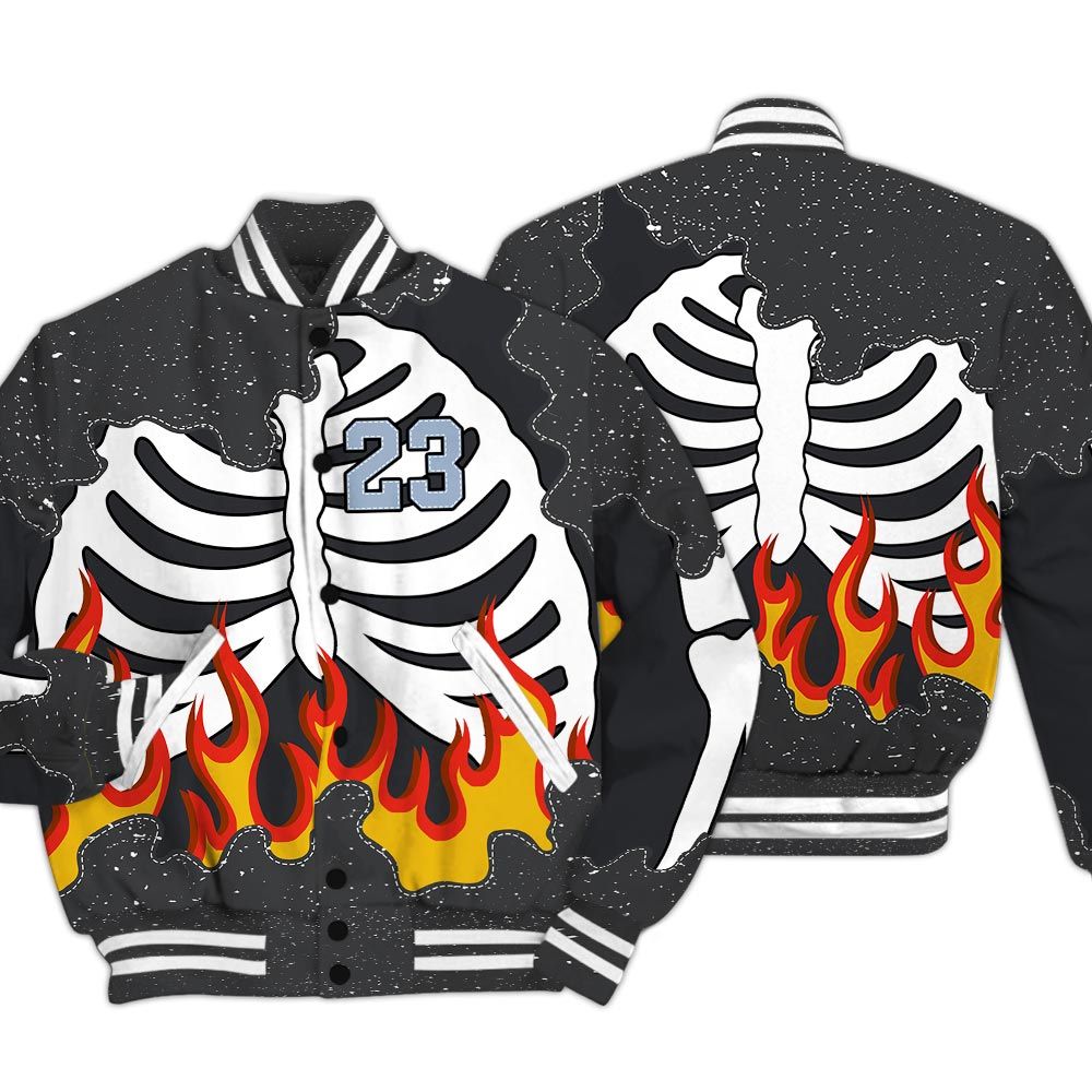 Varsity Jacket To Match Reverse Black White 6s - Number 23 Skeleton Flame Baseball Varsity Jacket